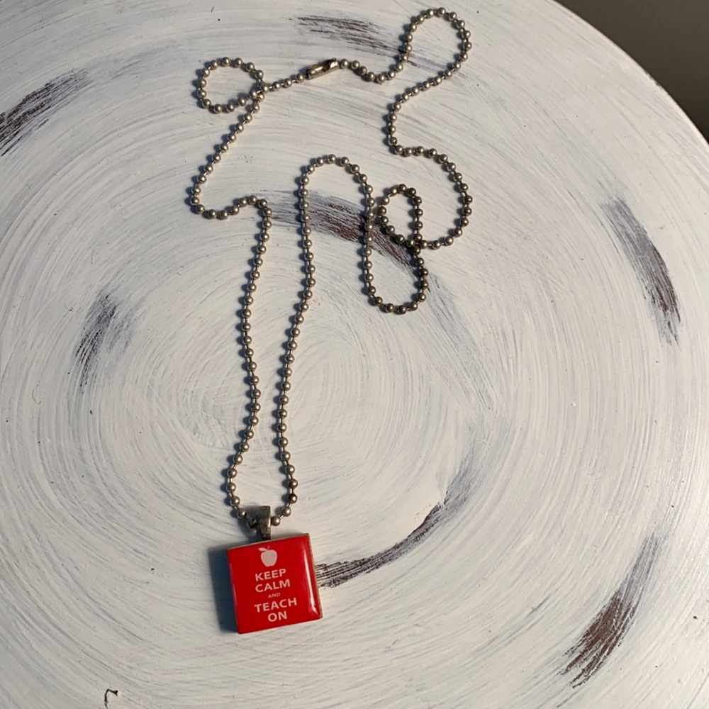 Keep Calm & Teach on wooden charm necklace